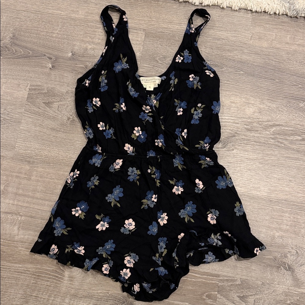 Saltwater Luxe Black Floral Romper | V Neck Mini Romper XL